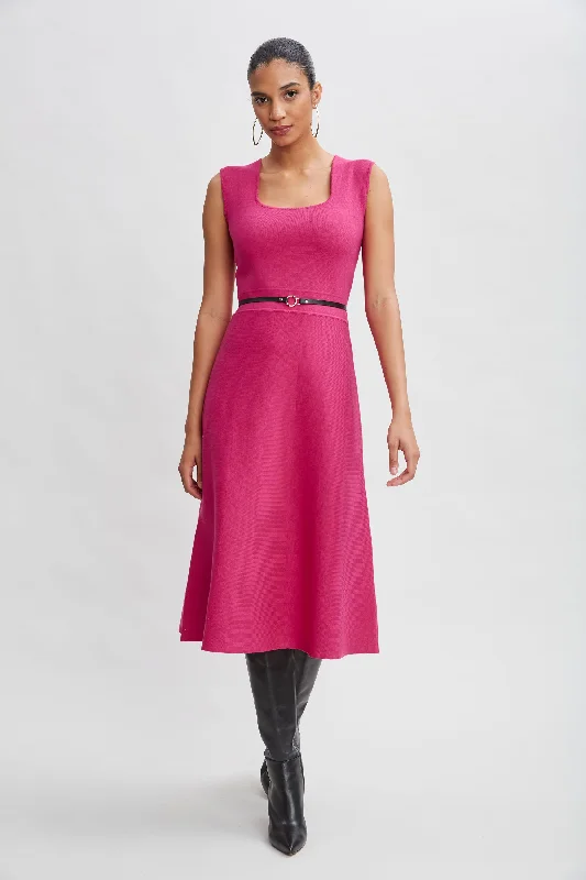 Monochrome perfectionSquare Neck Belted Sweater Dress