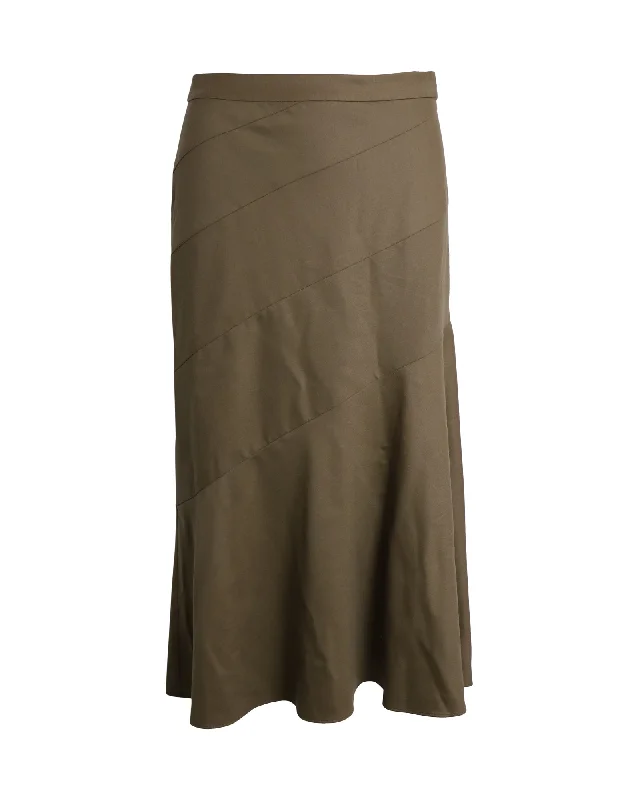 Laid-back edgyTheory Semi Flared Midi Skirt in Olive Wool