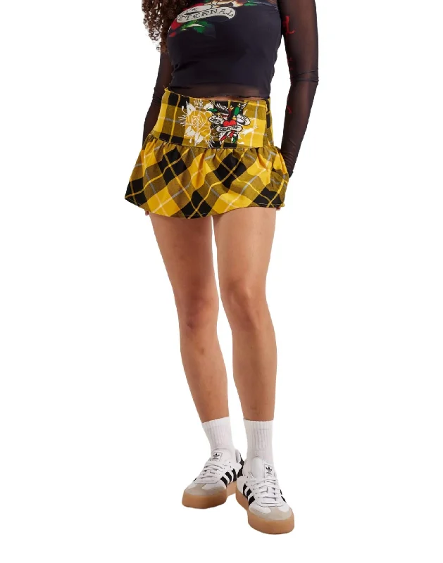 Distressed lookTrue Eagle Plaid Flare Mini Skirt In Yellow
