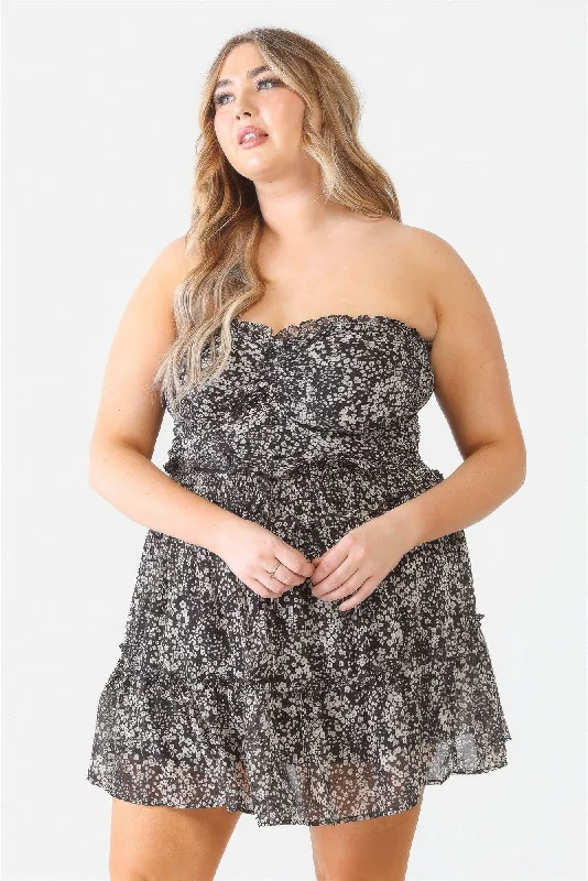GlamorousPlus Floral Print Ruched Ruffle Smocked Back Top & High Waist Flare Hem Mini Skirt Set