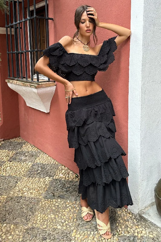 Airy & delicateVista | Black Broderie Ruffled Tiered Maxi Skirt