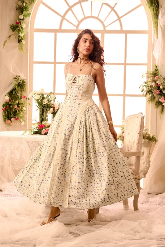 Urban-styleAllegra White Blue Printed Corset Maxi Dress