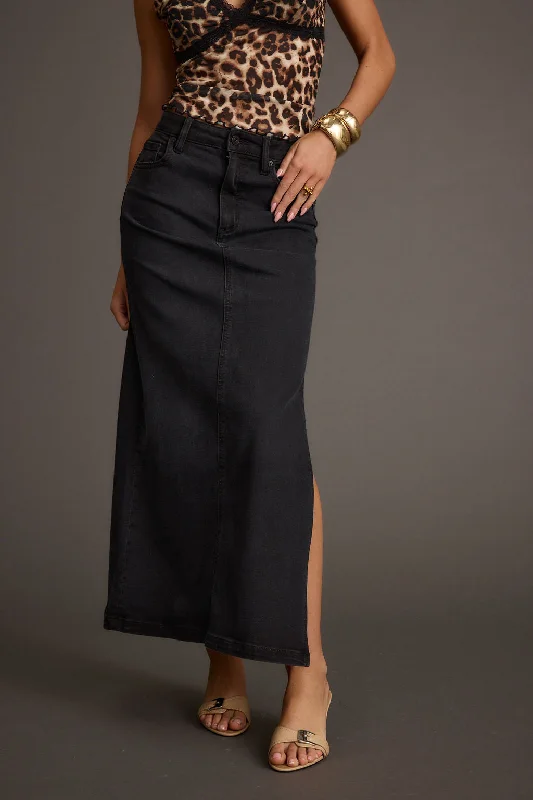 Runway-inspiredWilder Black Stretch Denim Maxi Skirt