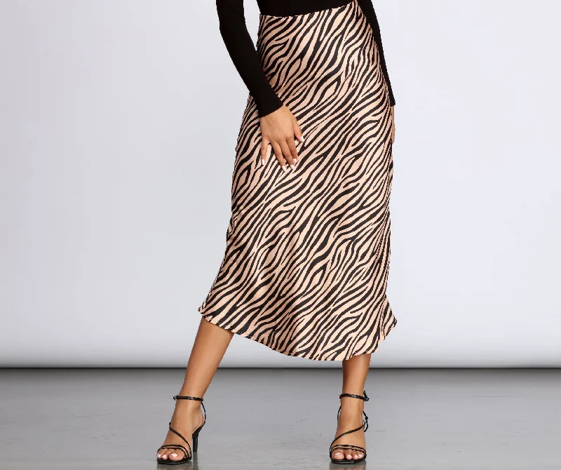 Earth-tone beautyZebra Flared Midi Satin Skirt