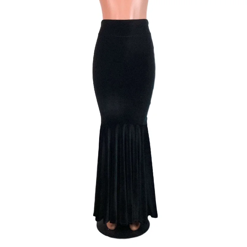 Ultra-flatteringLong Mermaid Skirt - Black Velvet Fit n Flare Maxi Skirt