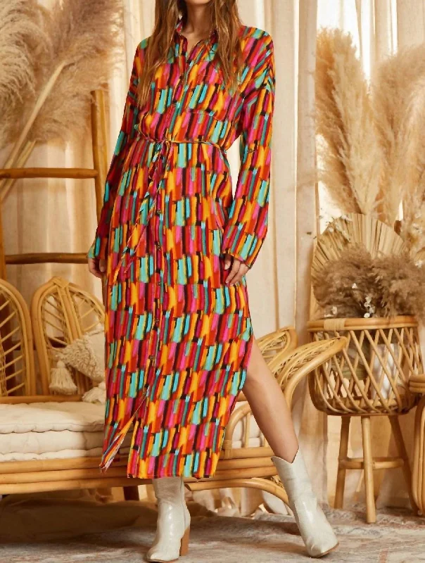Glam-meets-streetButton Down Fun Print Maxi Shirt Dress In Multi Color