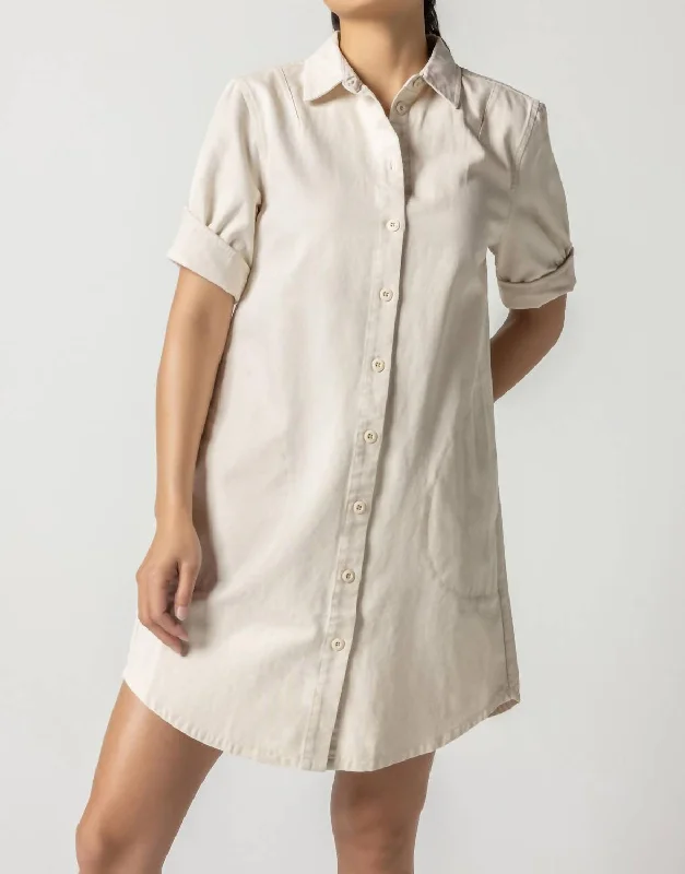 Sporty-streetCanvas Woven Cuff Sleeve Shirt Dress In Natural