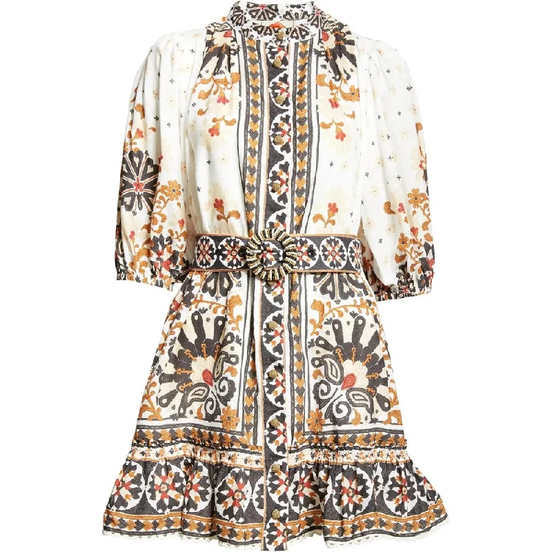 Understated-luxuryFarm Rio Women's Flower Fan Tapestry Print Puff Sleeve Belted Mini Shirt Dress