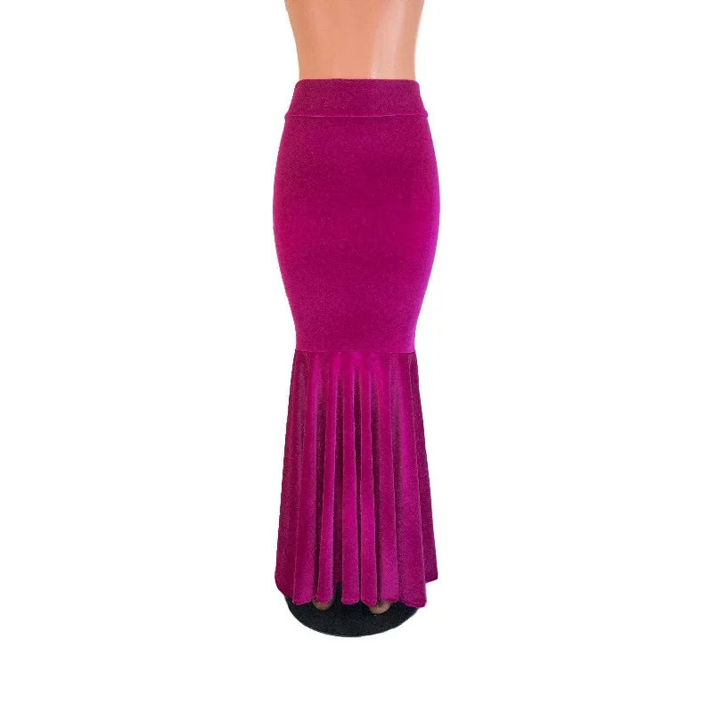 Shimmer & shineLong Mermaid Skirt - Fuchsia Pink Velvet Fit n Flare Maxi Skirt