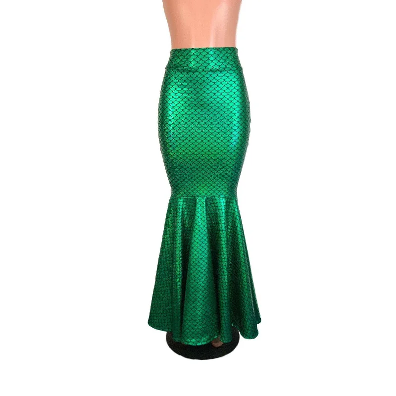 Luxe seductionLong Mermaid Skirt - Green Mermaid Scales Fit n Flare Maxi Skirt