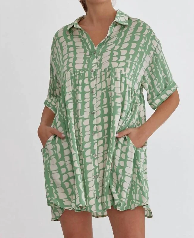 Underground-chicSatin Printed Shirt Dress In Green Tea