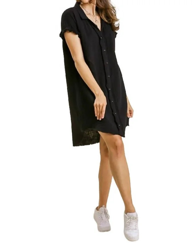 Vintage-chicShort Sleeve Gauze Shirt Dress In Black