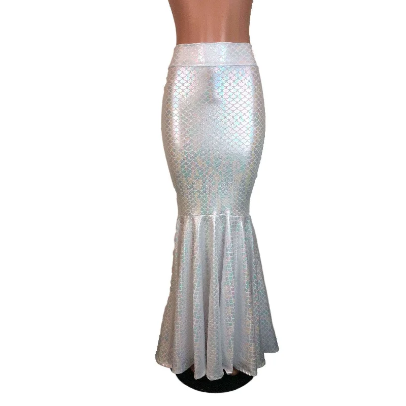 Tempting curvesLong Mermaid Skirt - White Mermaid Scales Fit n Flare Maxi Skirt