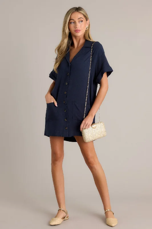 Tastefully-boldEffortless Selection Navy Button Front Mini Shirt Dress