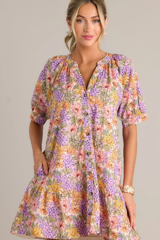 Neutral-paletteGarden Glow 100% Cotton Lavender Mini Shirt Dress