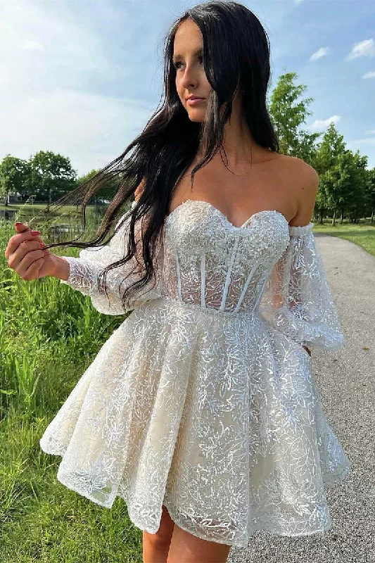 Fashion-forwardA-Line Ivory Sweetheart Puff Sleeve Short Party Dress gh1343