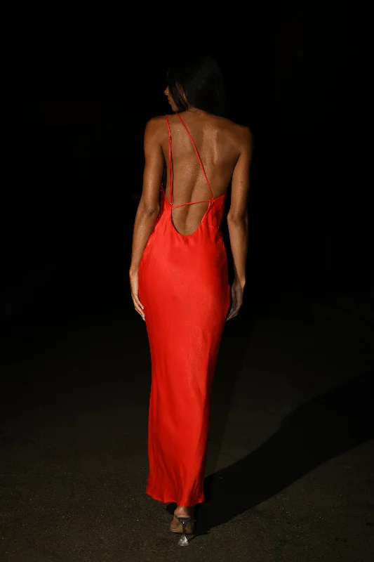 Sheer & mysteriousAlejandra One Shoulder Satin Maxi Dress - Vermilion Red