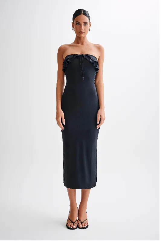 Tailored-eleganceBea Strapless Slinky Ruffle Midi Dress - Black