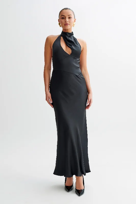 Denim-detailedBelladonna Satin Halter Maxi Dress - Black
