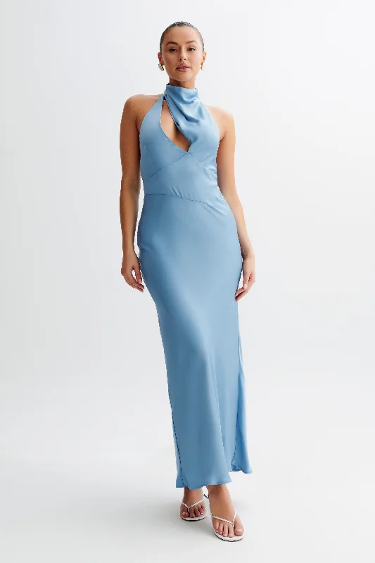 Alluring silhouetteBelladonna Satin Halter Maxi Dress - Iris Blue