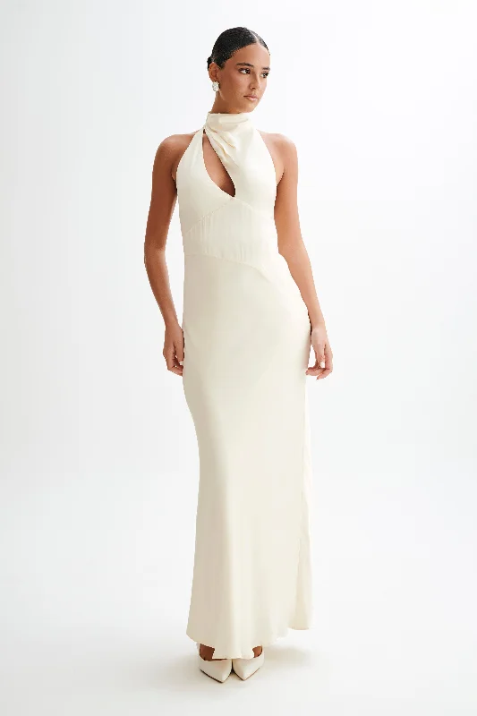 Pearl-embellishedBelladonna Satin Halter Maxi Dress - Ivory