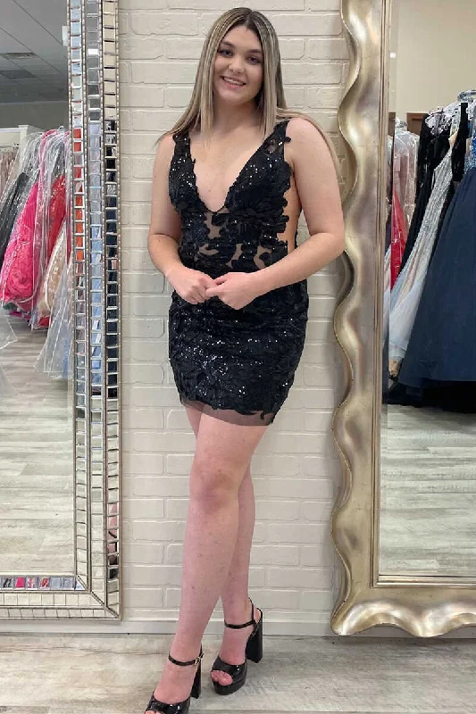 Beachy goddessBlack Appliqués Plunge Neck Mini Party Dress  gh1362