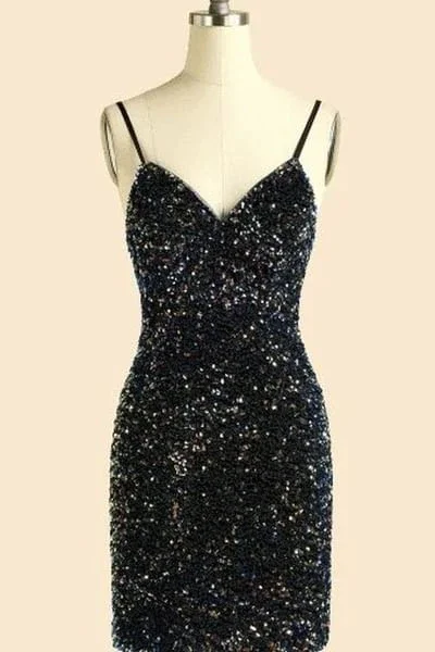 Cyber-glamBlack Sequins V-Neck Spaghetti Straps Mini Homecoming Dress gh1413