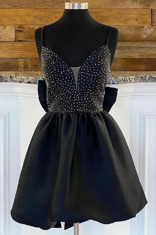 Minimal-chicBow Back Black Beaded Straps Backless Skater Dress gh1381