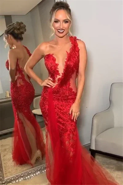 Seaside sophisticationBurgundy one shoulder lace applique backless mermaid tulle ball gown gh2451