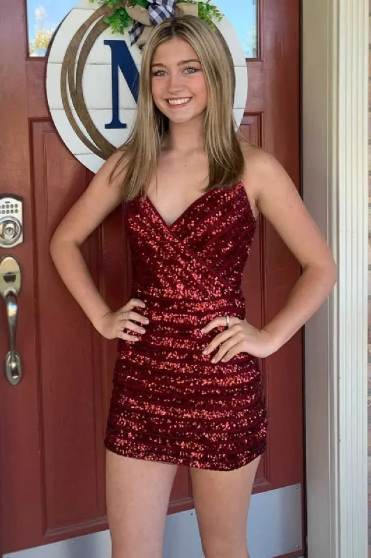 Urban-chicBurgundy Sequins V-Neck Mini Homecoming Dress gh1405