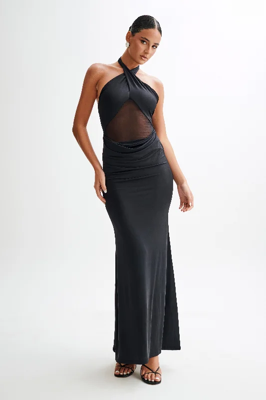 Sporty-luxeCaterina Slinky Mesh Halter Maxi Dress - Black