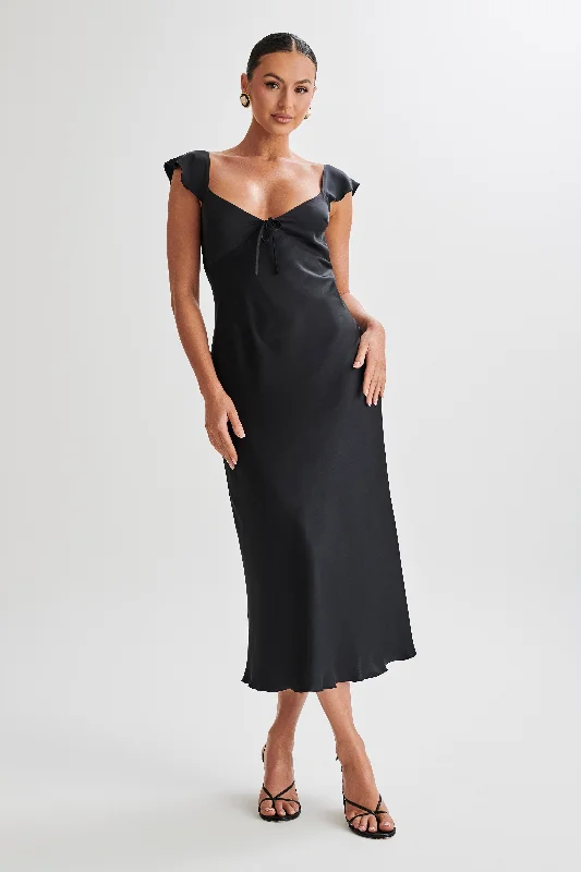 Contemporary-coolChantal Short Sleeve Satin Midi Dress - Black