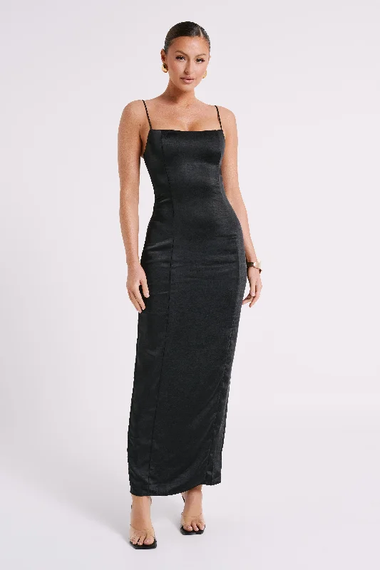 ClassyChrisley Satin Maxi Dress With Split - Black