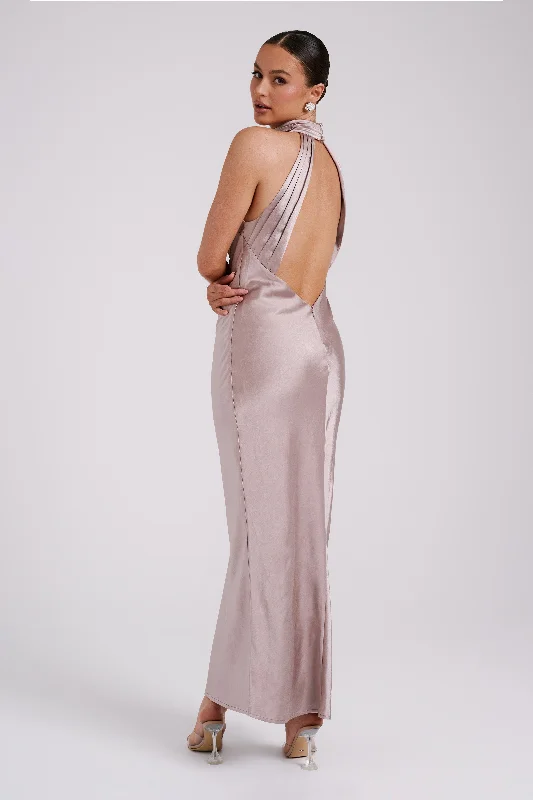 DramaticClaire Satin Drape Back Maxi Dress - Taupe