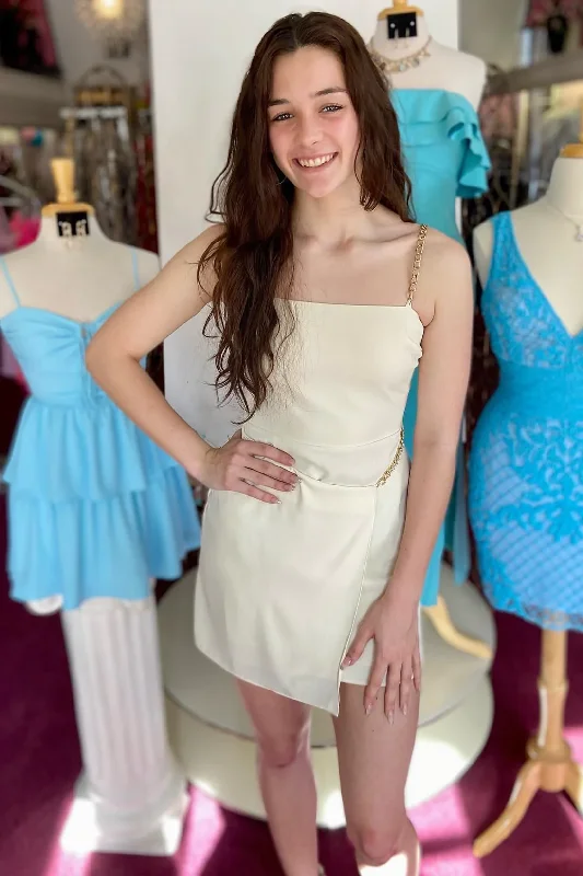 Modern-eleganceCream Asymmetrical Chain Short Homecoming Dress  gh1417