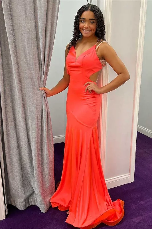 Chic-tailoredCross Straps Coral Long Prom Dress gh2416