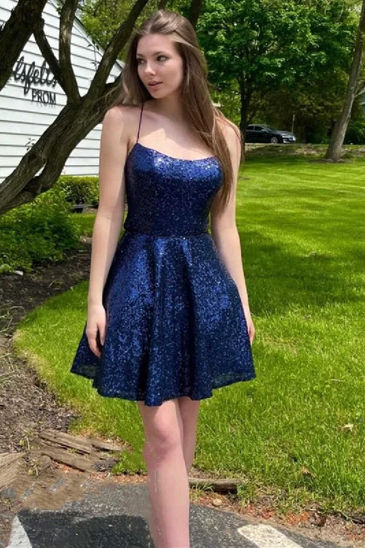 Pastel dreamDark Blue Sequins Spaghetti Straps A-Line Short Homecoming Dress  gh1369
