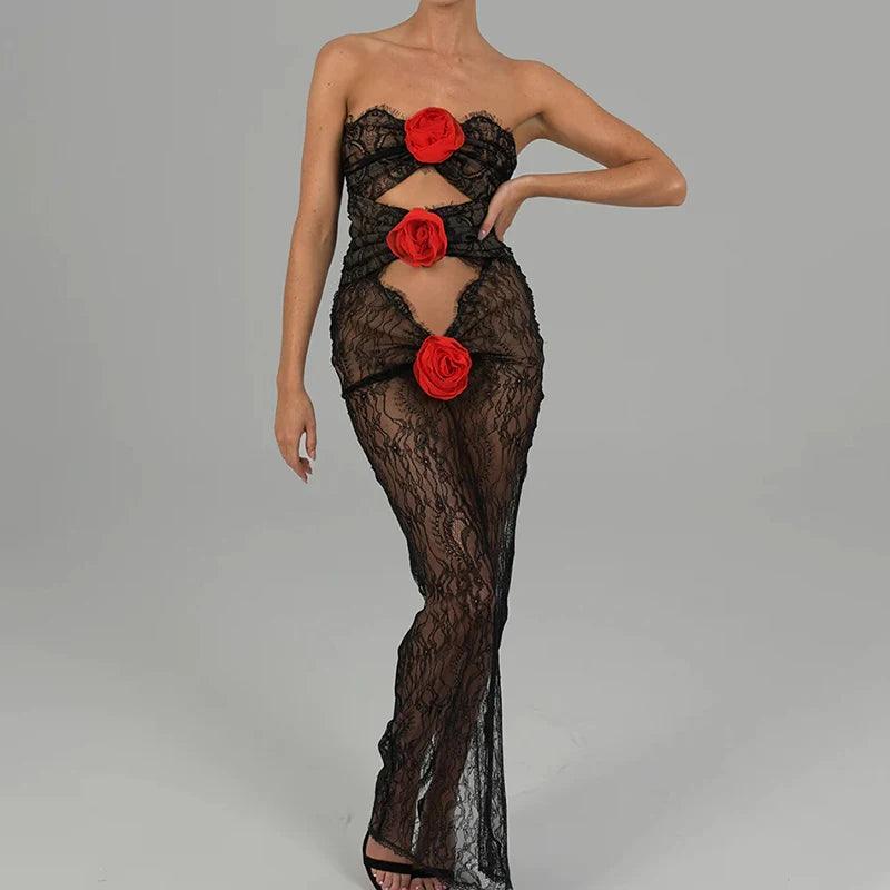 SophisticatedEyes On Me Lace Cut-Out Maxi Dress