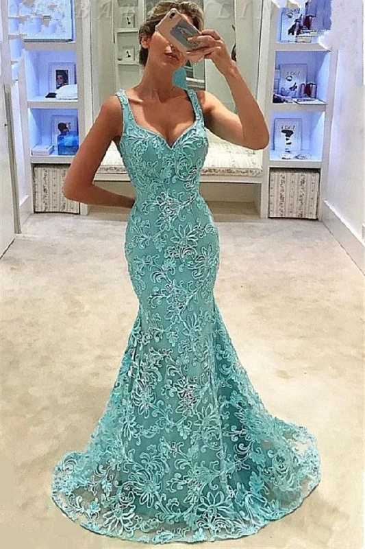 Polished-glamFashion Straps Sleeveless Appliques Mermaid Floor-Length Prom Dress gh2415
