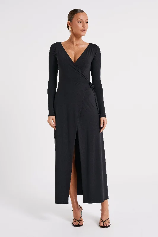 Flowy & free-spiritedGillian Recycled Nylon Wrap Maxi Dress - Black