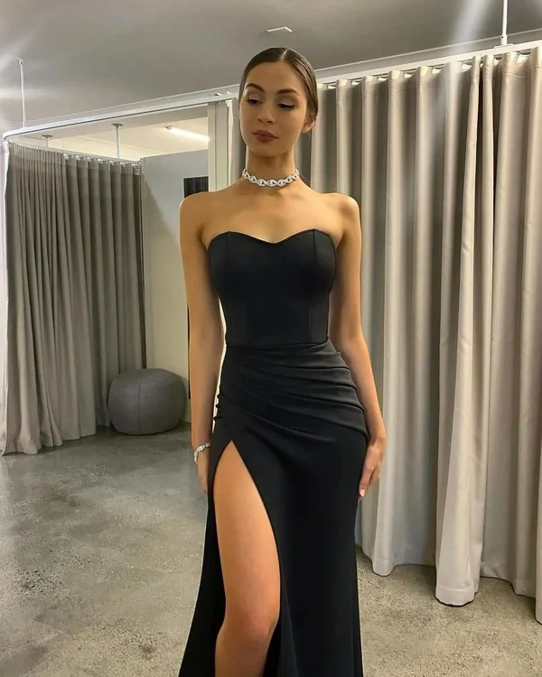 CaptivatingGlamorous Mermaid Sweetheart Black Satin Long Prom Dresses Sexy Evening Party Dresses with Side Slit  gh2437
