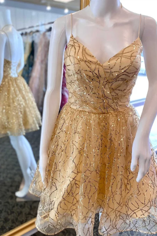 Urban-styleGold Sequin V-Neck Spaghetti Straps A-Line Short Homecoming Dress gh1329
