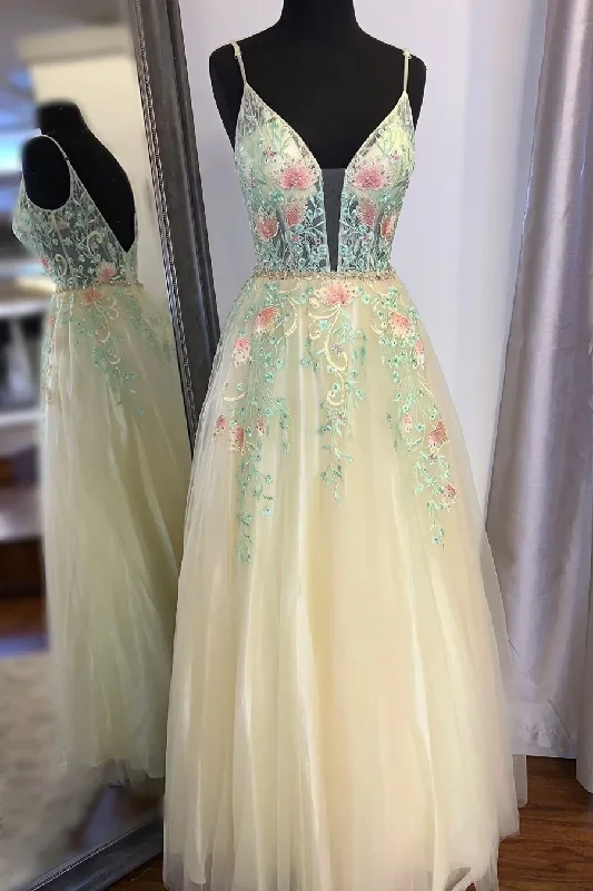 Tropical romanceGorgeous Straps A-Line Floral Embroidered Long Prom Dress  gh2456