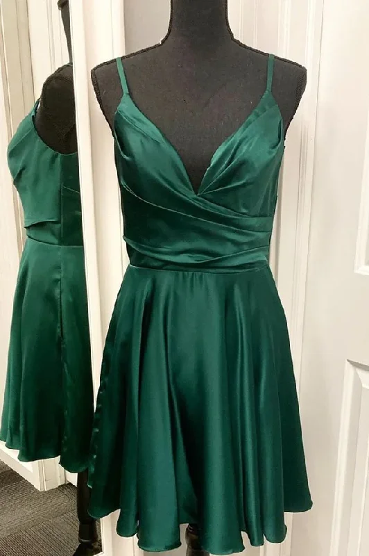 CaptivatingGreen Satin V-Neck Straps Skater Dress gh1457