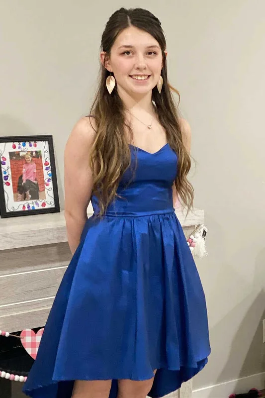 Earth-tone beautyHigh-Low Royal Blue Straps Homecoming Dress  gh1379