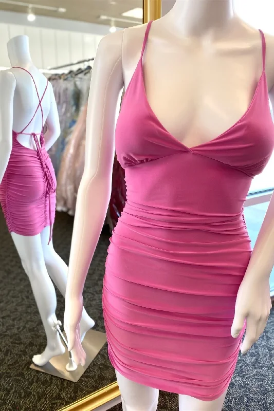 Weatherproof-fashionHot Pink Lace-Up Ruched Mini Homecoming Dress gh1415