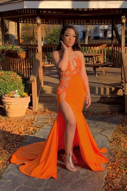 Vintage-chicJewel Sheer Sleeveless Appliques Orange Mermaid Prom Dresses with Side Split gh2425 Vintage-chicJewel Sheer Sleeveless Appliques Orange Mermaid Prom Dresses with Side Split gh2425