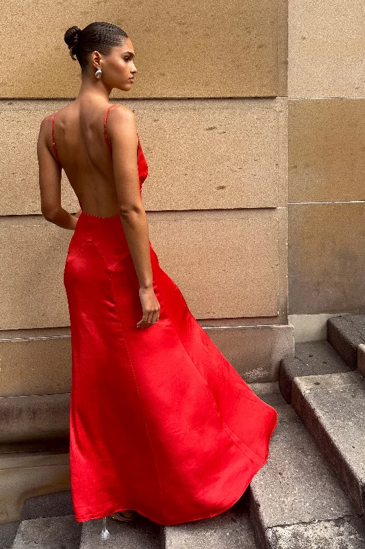 ElegantKamala Low Back Satin Maxi Dress - Red