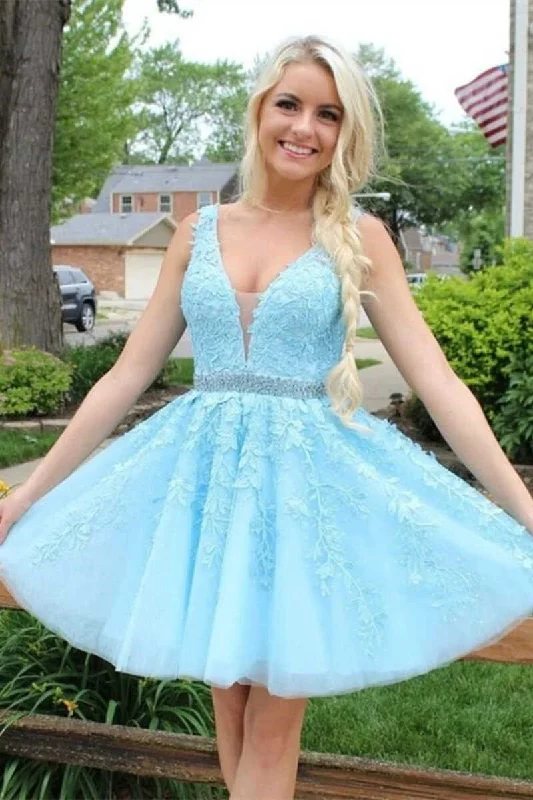 Monochrome-coolLight Blue Appliques V-Neck A-Line Short Homecoming Dress gh1327