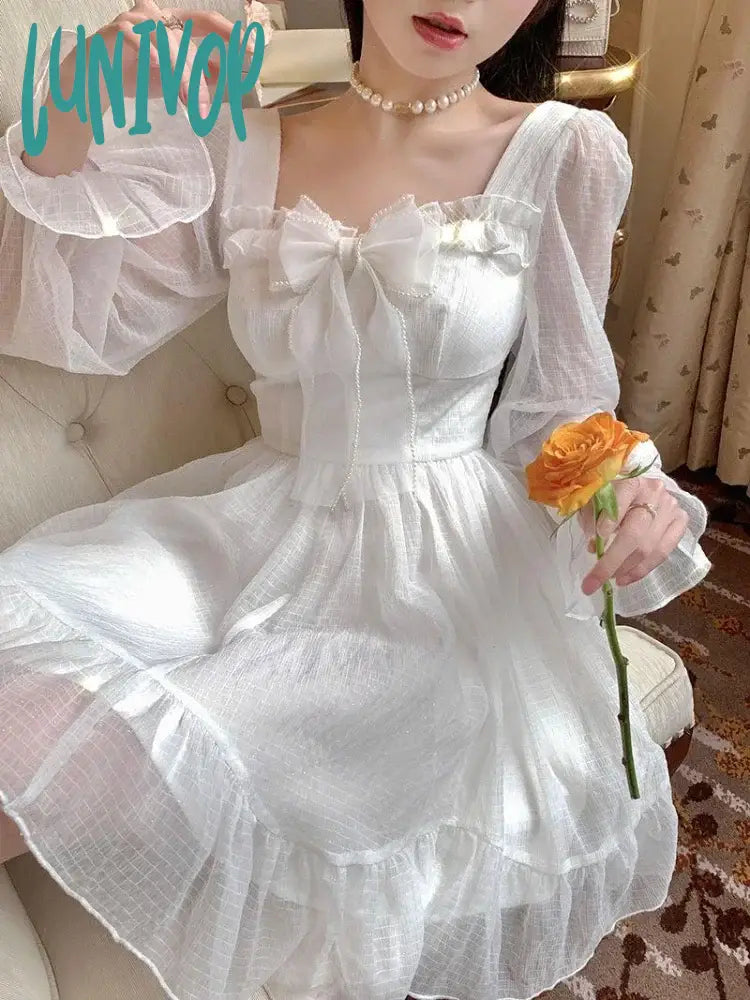 Dreamy chiffonLunivop Korean Style White Lolita Dress Women Prom Gown Y2k Fairycore Ruffles Bow Long Flare Sleeve Tunic Midi Princess Dresses